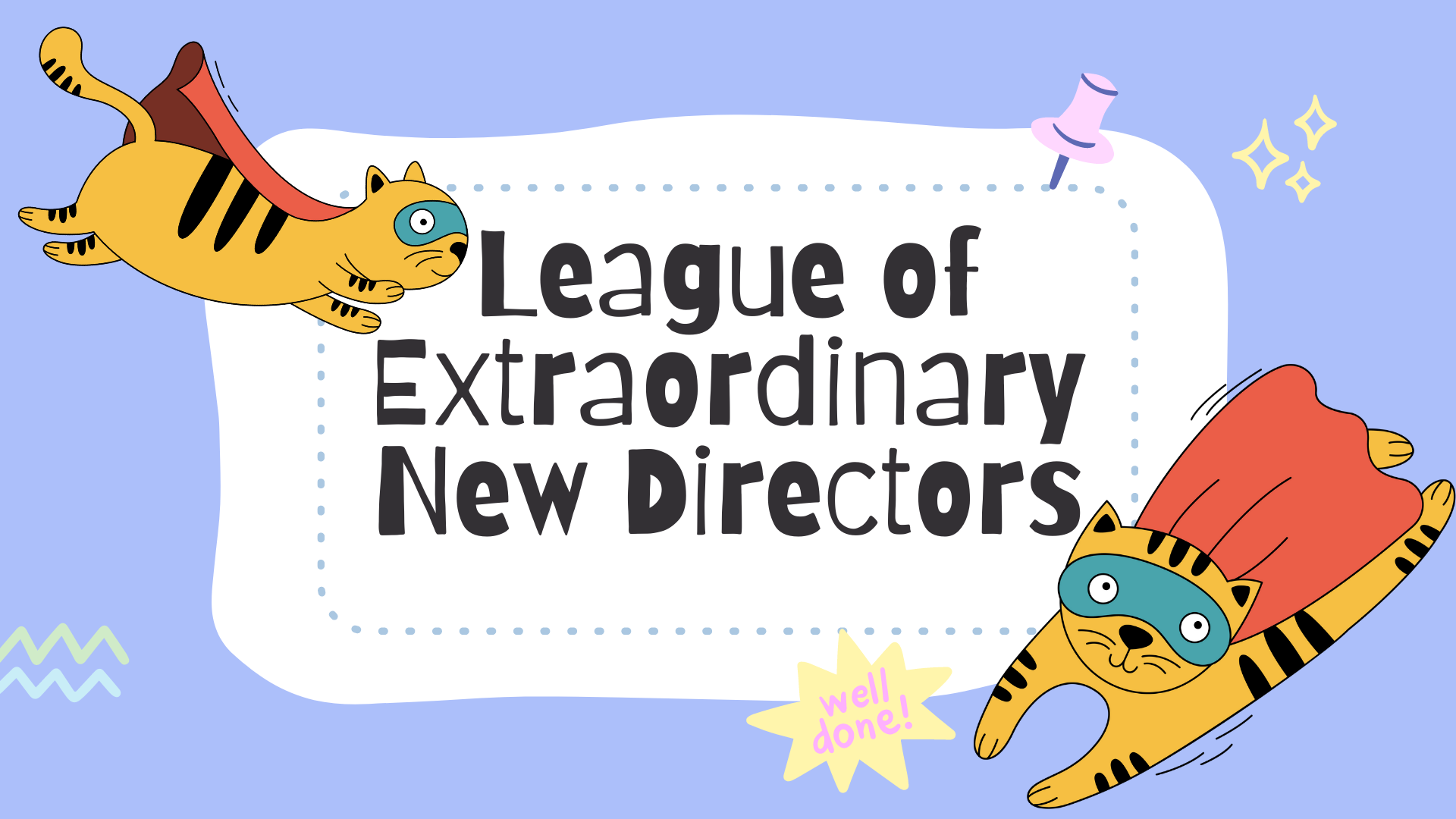The League of Extraordinary Directors with flying cats in superhero capes.